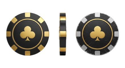 Poker Chip Trio Showcase Clubs Gold and Worn Textures Gamble Wager Chance Casino Token on transparent background