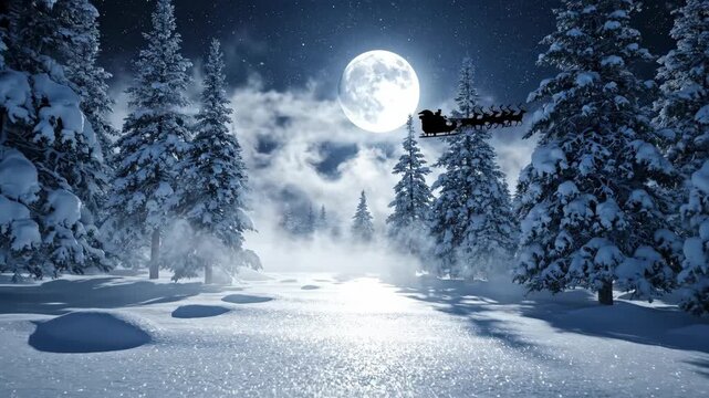 Santa Claus on a sleigh pulled by reindeer flies across the full moon night sky above a snowy winter forest Christmas eve.