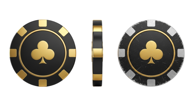 Poker Chip Trio Showcase Clubs Gold and Worn Textures Gamble Wager Chance Casino Token on transparent background