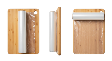 Three Wooden Boards with Plastic Wrap Rolls Kitchen Organization Food Storage Eco Friendly on transparent background