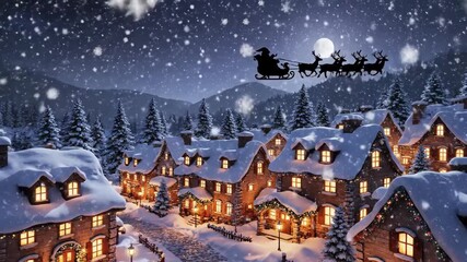 Winter wonderland village with a crescent moon at night, Santa flying with his sleigh across the sky, a christmas tale, new year concept - Powered by Adobe
