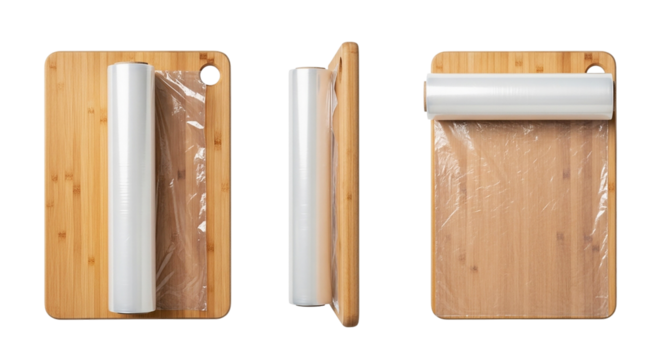 Three Wooden Boards with Plastic Wrap Rolls Kitchen Organization Food Storage Eco Friendly on transparent background