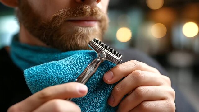 Barbershop close-up steady razor line up, warm towel, realism, grooming craft, client care, hand skill, with copy space