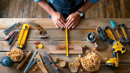 Carpenter sequence measuring, cutting, dry-fitting, clamping, sanding edges, realism, woodworking, precision, tool use, with copy space - Powered by Adobe
