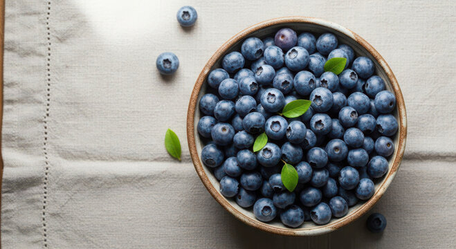 Fresh blueberries in a rustic bowl with scattered berries - Powered by Adobe