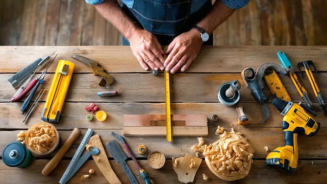 Carpenter sequence measuring, cutting, dry-fitting, clamping, sanding edges, realism, woodworking, precision, tool use, with copy space