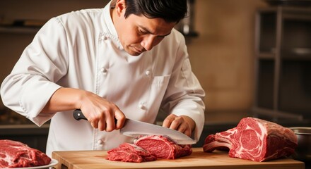 Man chef preparing raw meat on cutting board in professional kitchen. Culinary skill and butchery concept. Fine dining preparation.