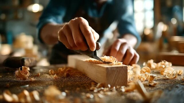 Carpenter sharpening chisel on whetstone, metal shavings and wood curls visible, macro hands, craft, skill, joinery, precision, detail, with copy space
