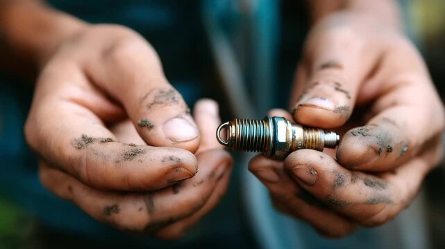 Close-up oil-stained hands threading spark plug, skin texture, veins, realism, mechanic, precision, detail, craft, macro hands, with copy space