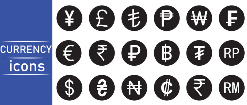 Currency icons set. Us dollar, euro, Australian dollar, pound, yuan, rupees, dinar, Romanian dinar, symbol sign. Cryptocurrency all types of money symbols, coins icon. Vector illustration. 