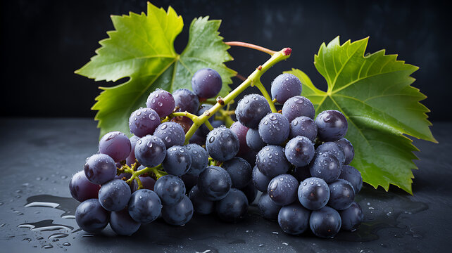 Close up of fresh grapes with water droplets on a dark background