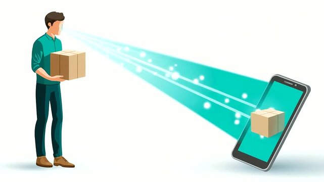 Courier sequence scanning package, navigating entry, proof of delivery, realism, last mile, customer service, route, with copy space