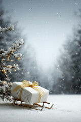 festive scene featuring beautifully wrapped gift in shape of christmas ornament sitting on sled