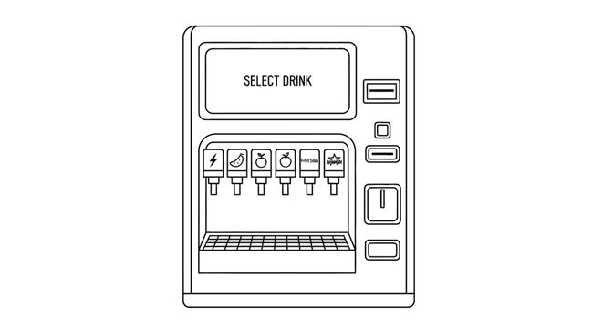 Outlined soda fountain machine with multiple drink options and a screen that reads "Select Drink.".