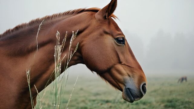 Chestnut Horse Profile Portrait in Misty Meadow, Close-Up of Equine Head with Soft Focus Background, Rural Landscape
