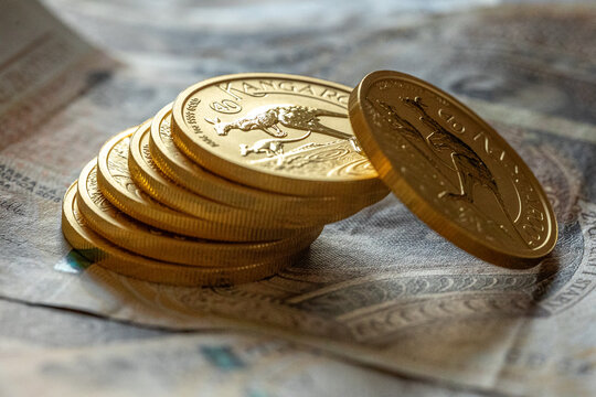 Złote monety na tle polskich banknot&oacute;w