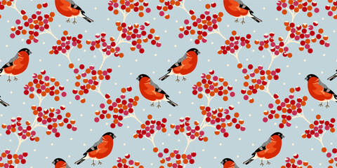  Rowanberry, red birds and fall of  snow seamless pattern design on blue background. Playful pattern textile, wallpapers and seasonal decor. Vector illustration design