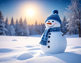 Obraz premium alegre muñeco de nieve con gorro y bufanda azules, sonriendo bajo la luz suave de la luna. Está de pie en una tranquila noche de invierno, rodeado de nieve fresca y árboles cubiertos de escarcha.