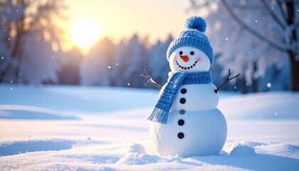 Obraz premium alegre muñeco de nieve con gorro y bufanda azules, sonriendo bajo la luz suave de la luna. Está de pie en una tranquila noche de invierno, rodeado de nieve fresca y árboles cubiertos de escarcha.