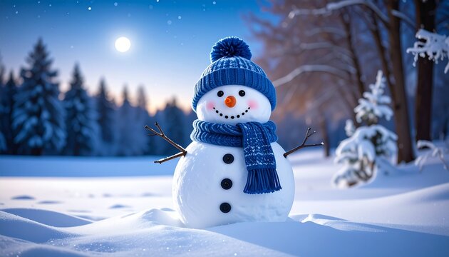alegre mu&ntilde;eco de nieve con gorro y bufanda azules, sonriendo bajo la luz suave de la luna. Est&aacute; de pie en una tranquila noche de invierno, rodeado de nieve fresca y &aacute;rboles cubiertos de escarcha.