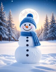 Obraz premium alegre muñeco de nieve con gorro y bufanda azules, sonriendo bajo la luz suave de la luna. Está de pie en una tranquila noche de invierno, rodeado de nieve fresca y árboles cubiertos de escarcha.