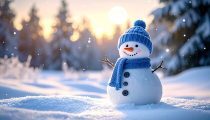 Obraz premium alegre muñeco de nieve con gorro y bufanda azules, sonriendo bajo la luz suave de la luna. Está de pie en una tranquila noche de invierno, rodeado de nieve fresca y árboles cubiertos de escarcha.