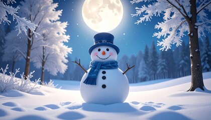 Obraz premium alegre muñeco de nieve con gorro y bufanda azules, sonriendo bajo la luz suave de la luna. Está de pie en una tranquila noche de invierno, rodeado de nieve fresca y árboles cubiertos de escarcha.
