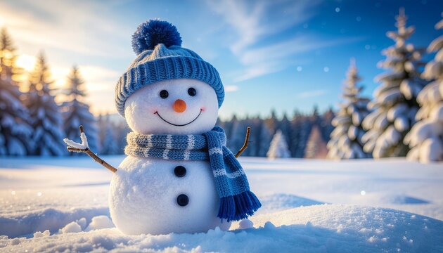 alegre mu&ntilde;eco de nieve con gorro y bufanda azules, sonriendo bajo la luz suave de la luna. Est&aacute; de pie en una tranquila noche de invierno, rodeado de nieve fresca y &aacute;rboles cubiertos de escarcha.