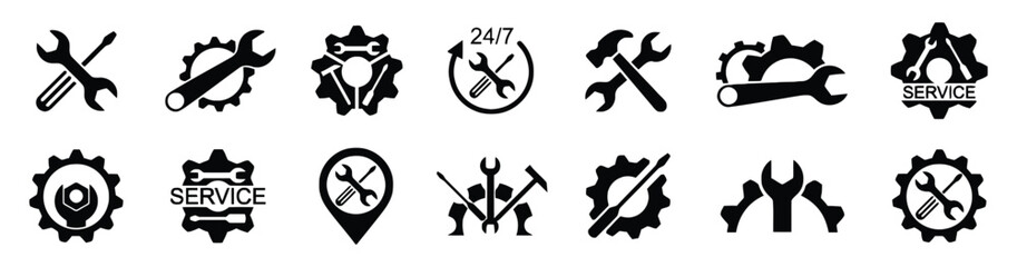 service, repair, tools, wrench, gear, spanner, hammer, screwdriver, icon, symbol, maintenance, technical, support, 24/7, work, industry, mechanical, engineering, workshop, logo, graphic, element, coll