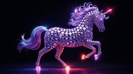 Fototapeta premium Glittering unicorn sculpture a fantasy animal with a diamond pattern illuminated by neon lights against a dark background