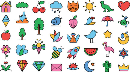 Colorful Flat Icon Set – Nature, Food, Weather, Space & Fantasy Symbols for Apps, Web, Education — Vector Illustration.