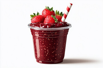 A Delicately Crafted Illustration of a Cup Filled with Strawberry Jam, Complete with a Colorful Straw Against a Clean White Background