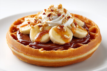 Delightful Banana and Hazelnut Spread Waffle Topped with Whipped Cream on a Clean White Background, Perfect for Tempting Dessert Imagery