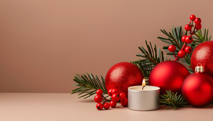 A Cozy Christmas Scene Featuring Sparkling Red Baubles, Warm Candlelight, and Festive Holly Arrangements to Evoke Holiday Cheer and Joyful Gatherings
