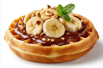 A Deliciously Indulgent Waffle Topped with Creamy Hazelnut Spread and Fresh Bananas Drizzled with Rich Chocolate Sauce on a Crisp White Background