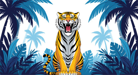 Illustration of roaring tiger in a jungle setting with palm trees, showcasing its power and ferocity, with a vibrant and colorful illustration style, perfect for wildlife enthusiasts