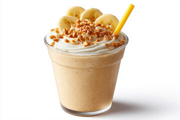 Refreshing Banana Peanut Butter Smoothie Served in a Clear Cup with a Colorful Straw, Surrounded by Fresh Banana and Nuts on a Bright Background