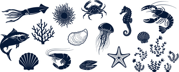 Obraz premium SEAFOOD COLLECTION , Dive into ocean treasures with stylized sea life, perfect for coastal decor and nautical themes, featuring a seahorse, crab, lobster, and jellyfish in modern artistic style