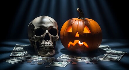 A carved Halloween pumpkin and a skull sit on US dollars and coins.