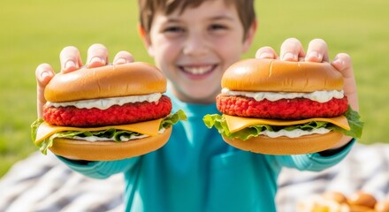 Kid holding two plant-based red burgers. Young boy advertising vegan food for healthy eating and children menu.