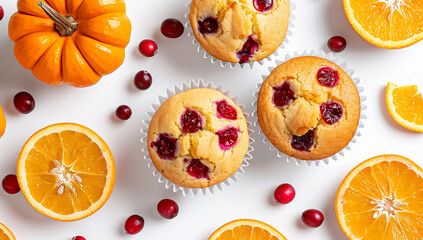 Bright and Inviting Flat Lay Composition Featuring Fresh Cranberry Muffins Topped with Juicy Cranberries Alongside a Refreshing Glass of Milk and Vibrant Orange Slices