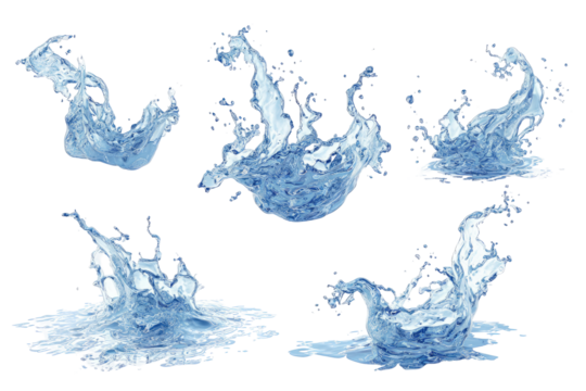 Abstract, stylized water splashes, various forms