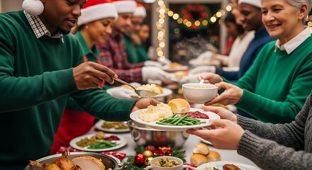 Inclusive group of volunteers serving meals at Christmas charity
