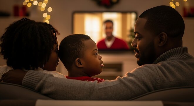 Family with Down Syndrome child watching Christmas movie together
