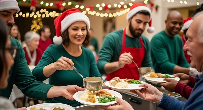 Inclusive group of volunteers serving meals at Christmas charity