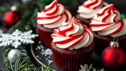 A Delightful Flat Lay of Irresistible Peppermint Cupcakes Showcasing Creamy White Frosting with Festive Red Swirls, Perfect for Holiday Celebrations