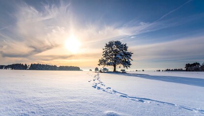 Snowy field with a solitary tree, footprints in the snow leading towards it under a bright sun and cloudy sky
