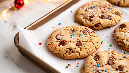 A Cinematic Flat Lay Display of Festively Decorated Christmas Cookies Arranged on Baking Parchment with Sprinkles and Seasonal Accents in a Cozy Holiday Setting