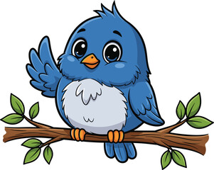 Cartoon blue bird, perched on branch, cute character design, expressive eyes, waving wing, vector art, children’s illustration, stock image