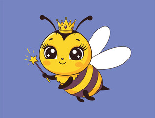 Cartoon bee character, magical insect, crown and wand, sparkling eyes, cheerful smile, vector art, children’s illustration, purple background